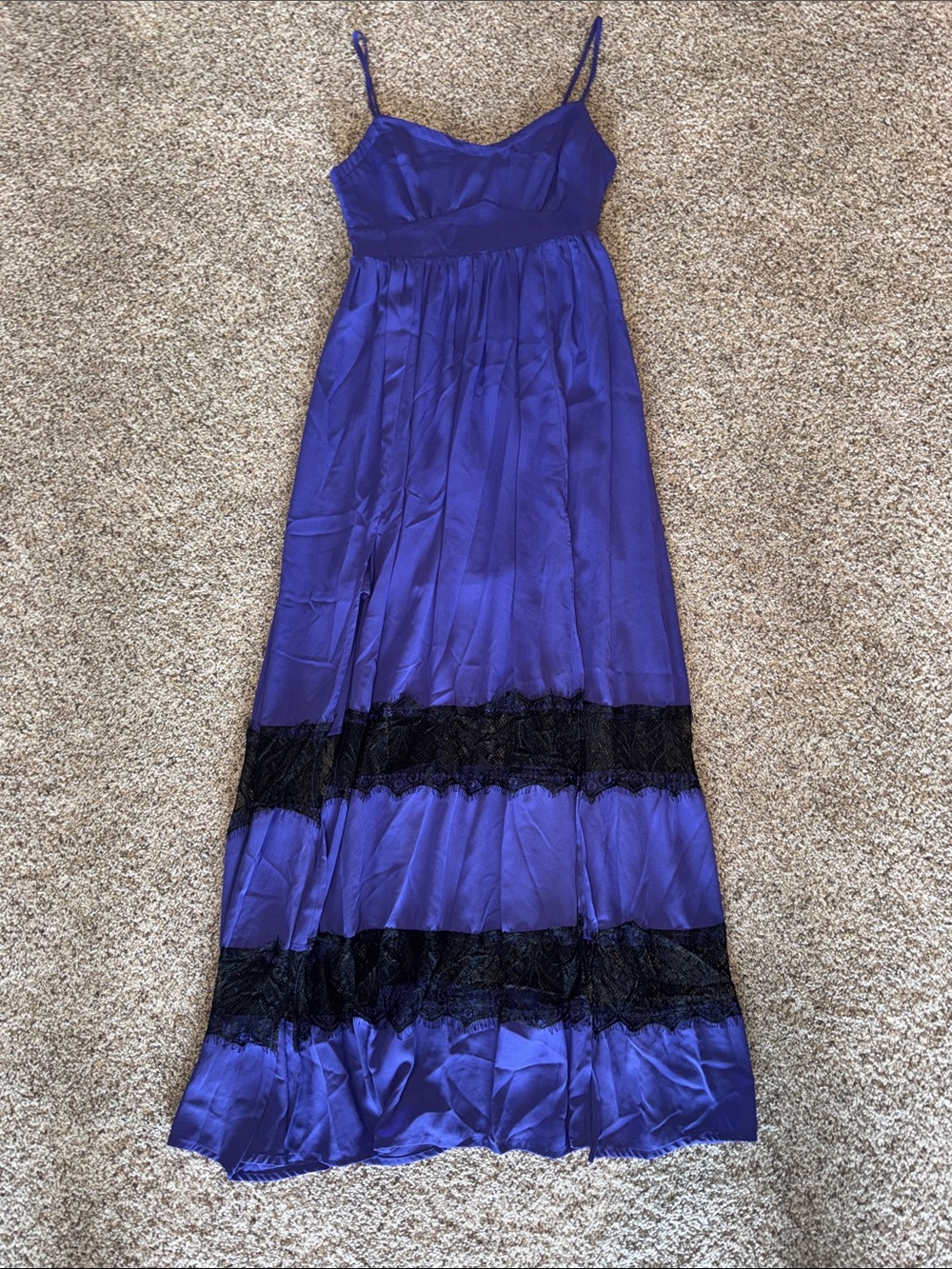 bebe Royal Purple Satin Maxi Dress with Black Lace Bands